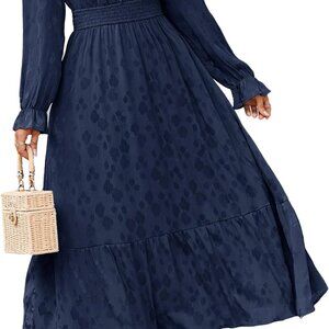 Long Sleeve Maxi Dress Womens Fall Wedding Casual Elegant Navy V Neck